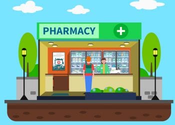 Pharmacy concept with medical drugstore building indoors flat vector illustration