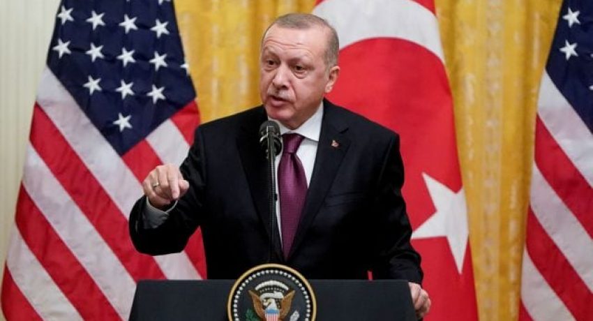 FILE PHOTO: Turkey's President Tayyip Erdogan answers questions during a joint news conference with U.S. President Donald Trump at the White House in Washington, U.S., November 13, 2019. REUTERS/Joshua Roberts/File Photo