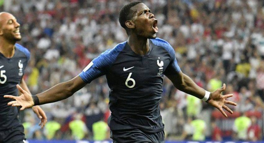 France's Paul Pogba celebrates after scoring his side's third goal during the final match between France and Croatia at the 2018 soccer World Cup in the Luzhniki Stadium in Moscow, Russia, Sunday, July 15, 2018. (AP Photo/Martin Meissner)