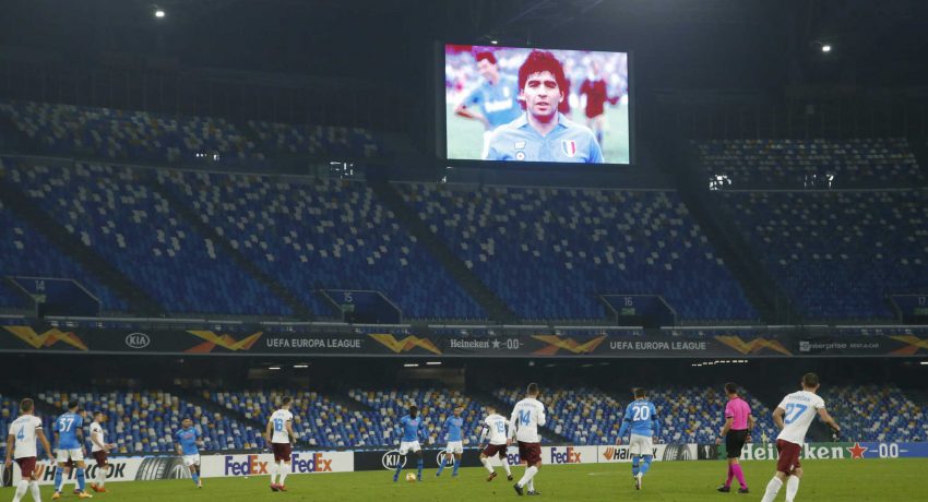 Soccer Football - Europa League - Group F - Napoli v HNK Rijeka - Stadio San Paolo, Naples, Italy - November 26, 2020 General view as an image of Diego Maradona is displayed on the big screen during the match REUTERS/Ciro De Luca