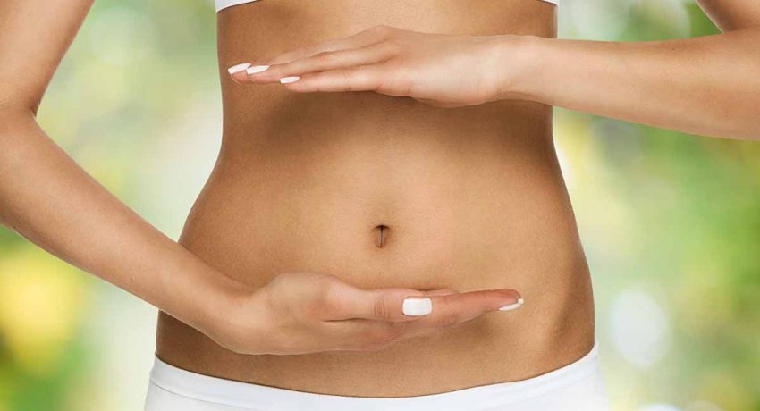 Pregnancy or diet concept, female hands protecting the stomach over nature background