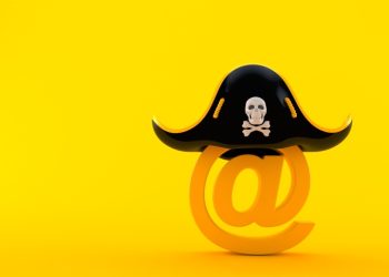 E-mail symbol with pirate hat isolated on orange background. 3d illustration