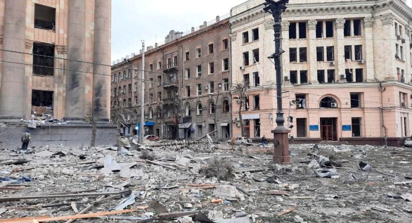 A view shows the area near the regional administration building, which was hit by a missile according to city officials, in Kharkiv, Ukraine, in this handout picture released March 1, 2022. Press service of the Ukrainian State Emergency Service/Handout via REUTERS ATTENTION EDITORS - THIS IMAGE HAS BEEN SUPPLIED BY A THIRD PARTY.     TPX IMAGES OF THE DAY