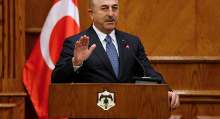Turkish Foreign Minister Mevlut Cavusoglu, speaks during a news conference with his Jordanian counterpart Ayman Safadi in Amman, Jordan February 19, 2018. REUTERS/Muhammad Hamed